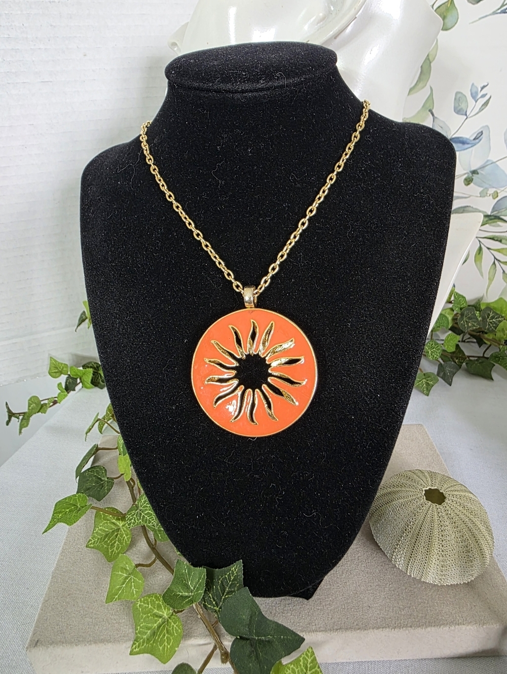 Statement Double Sided Starburst Pendant Necklace Orange Enamel/Clear CZ Crystal